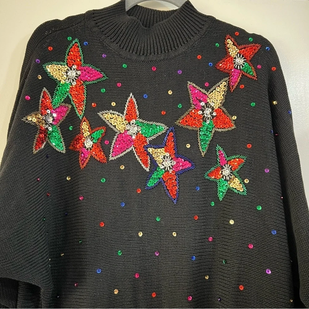 Vintage Beaded Sequin Holiday Sweater Stars Christmas Ugly Long Line Oversized L